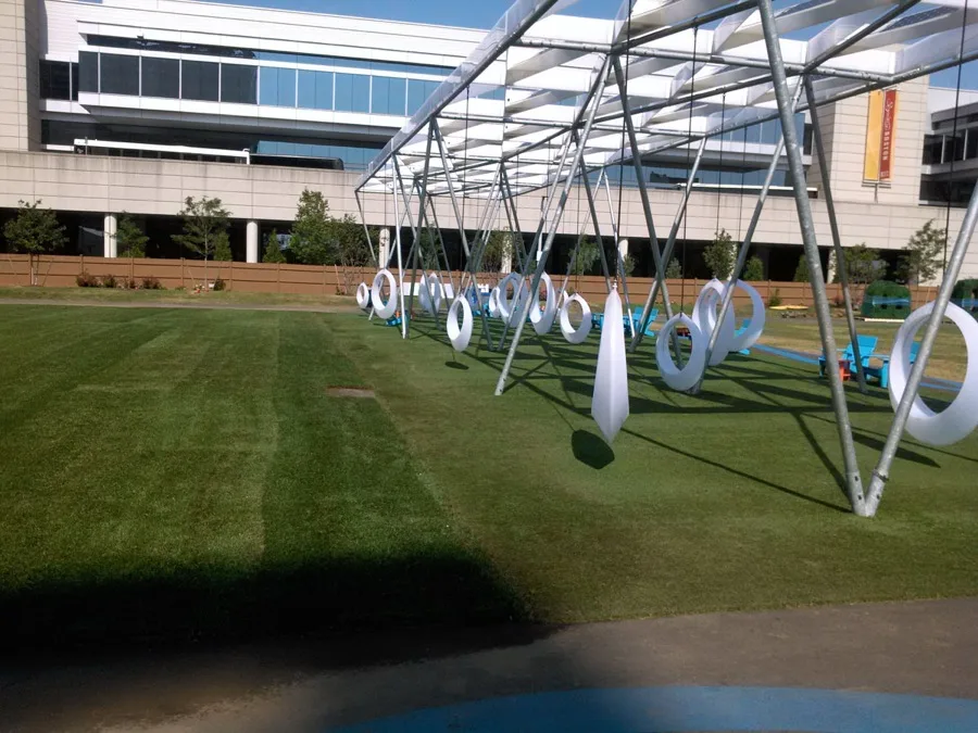 Striped mowed lawn on a commercial property